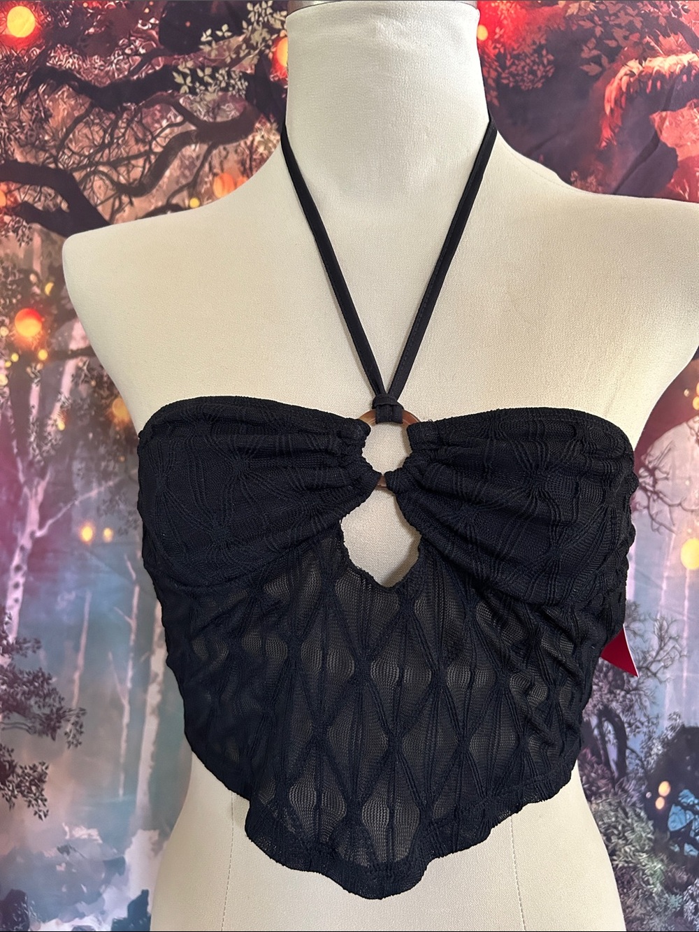 Strappy Black Halter Lace Mesh Crop Top NWT-size 6
